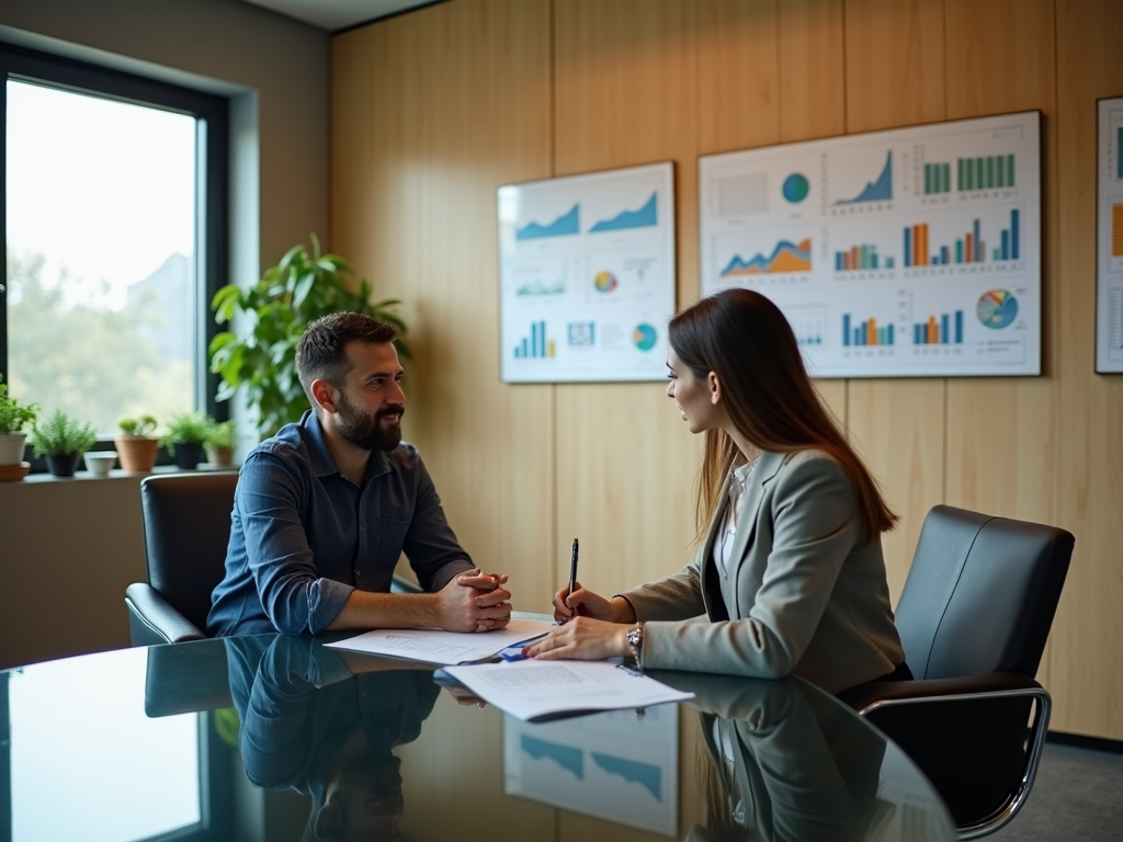 Two professionals discussing documents at a conference table in a modern office with charts on the wall.