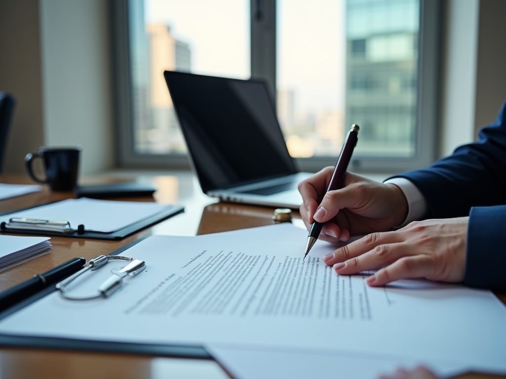 Businessperson signing a document in an office with city view in the background.