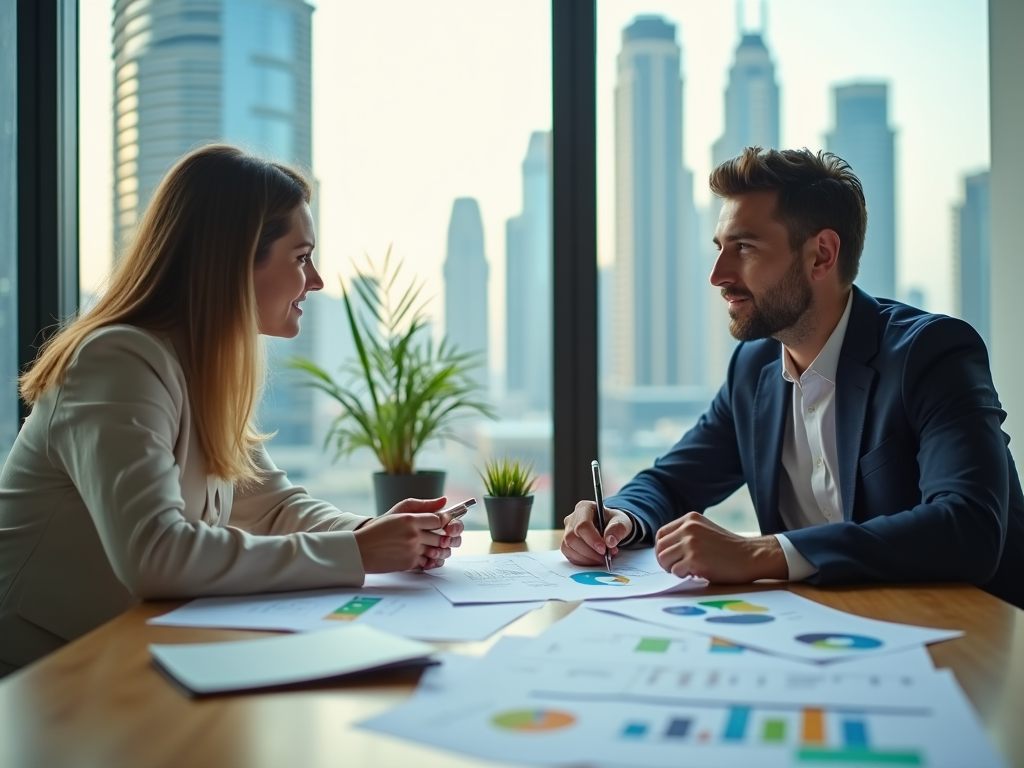 Two business professionals discussing documents at a table with city skyline in the background.