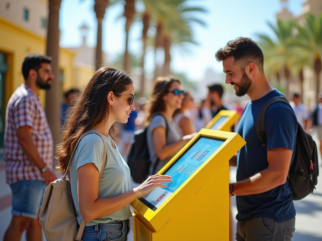 Young woman and man using digital kiosks on a sunny street, surrounded by other people.