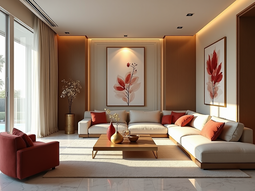 Elegant living room with white couch, red accents, wooden center table, and floral art.