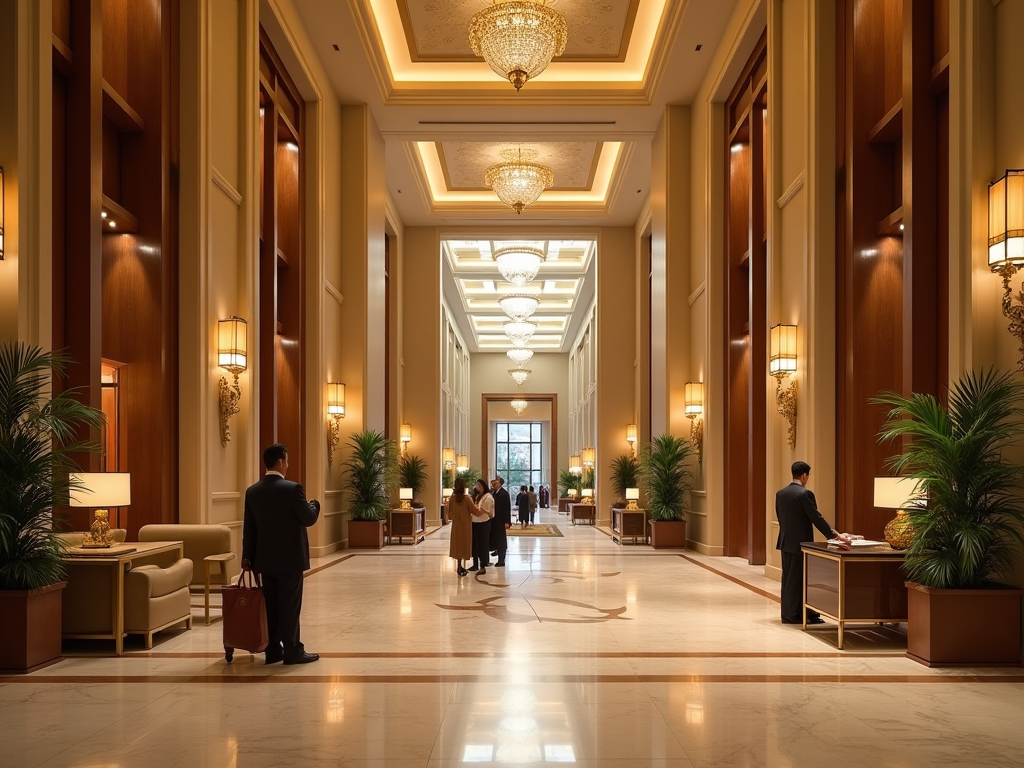 Opulent hotel lobby with high ceilings, ornate chandeliers, and guests milling about.