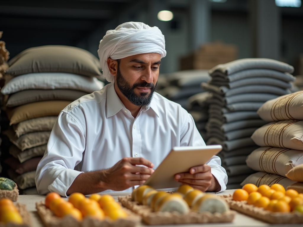 Man in white turban and shirt inspecting produce with tablet in warehouse.