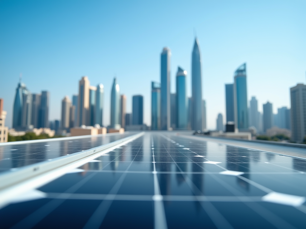 A rooftop view of solar panels with a city skyline under a clear blue sky in the background.