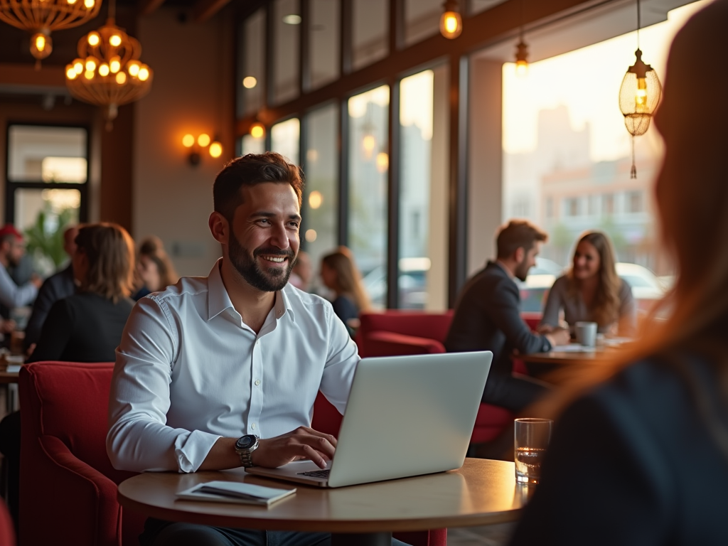 Man in white shirt smiling and working on laptop in a busy cafe during evening.