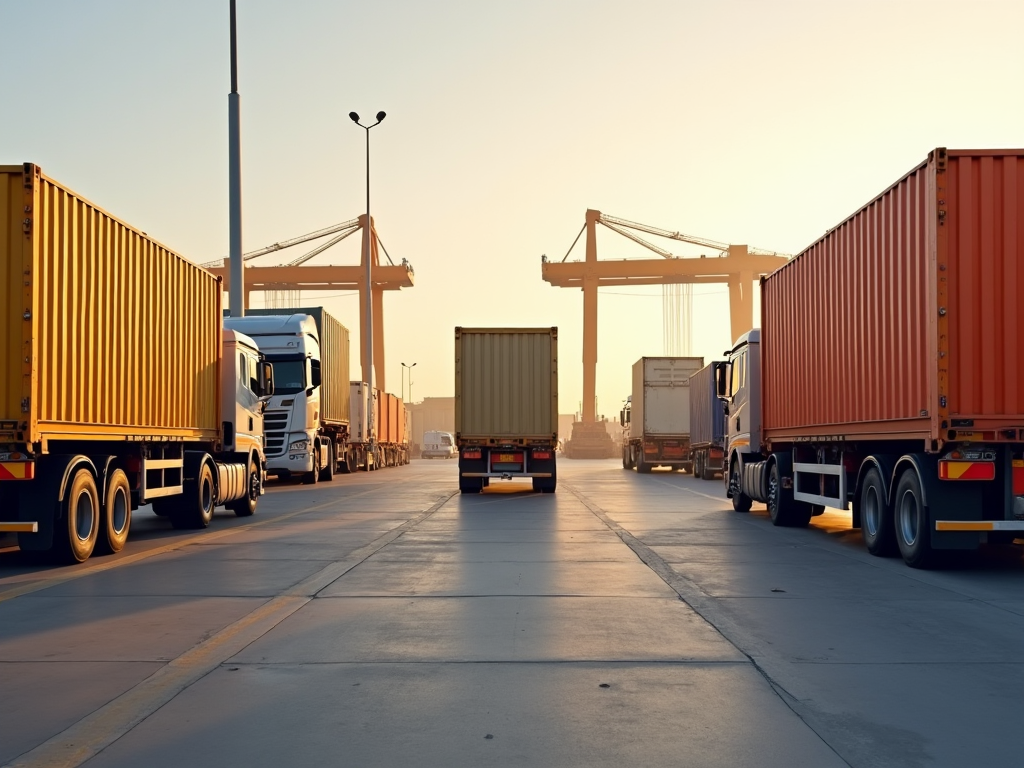 Trucks carrying cargo containers at a busy port during sunrise, large cranes in the background.