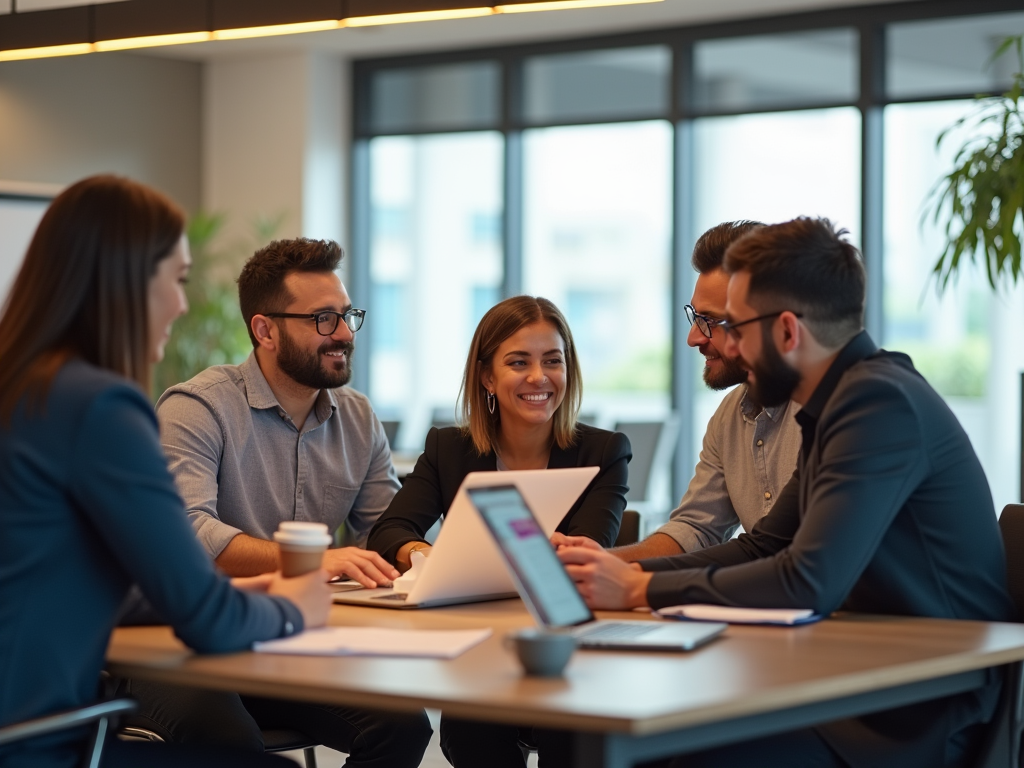 Four professionals smiling and discussing around a laptop in a modern office setting.