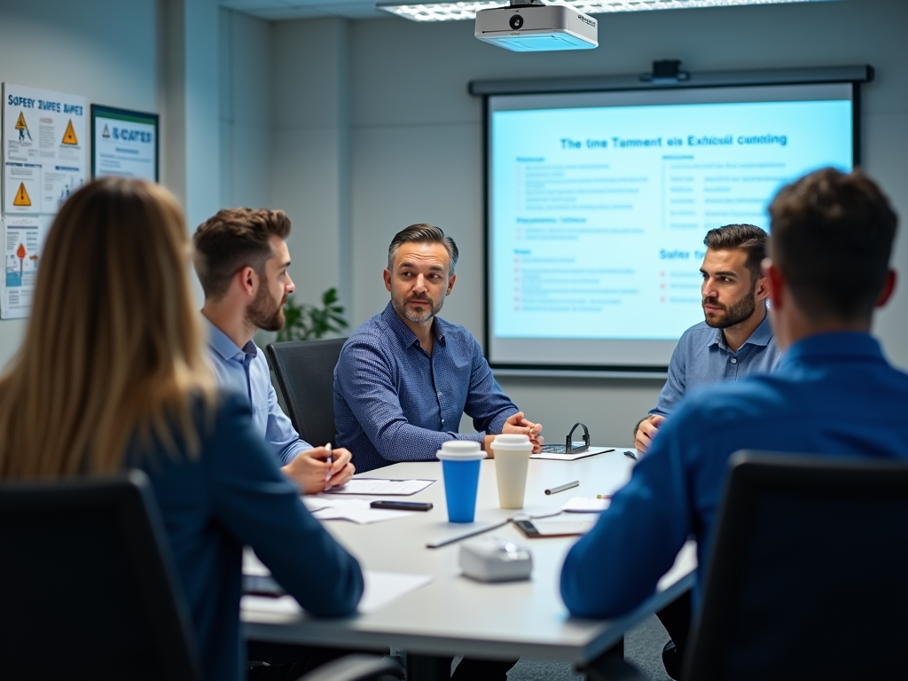 Business team in a meeting with a presentation on ethical consulting in background.