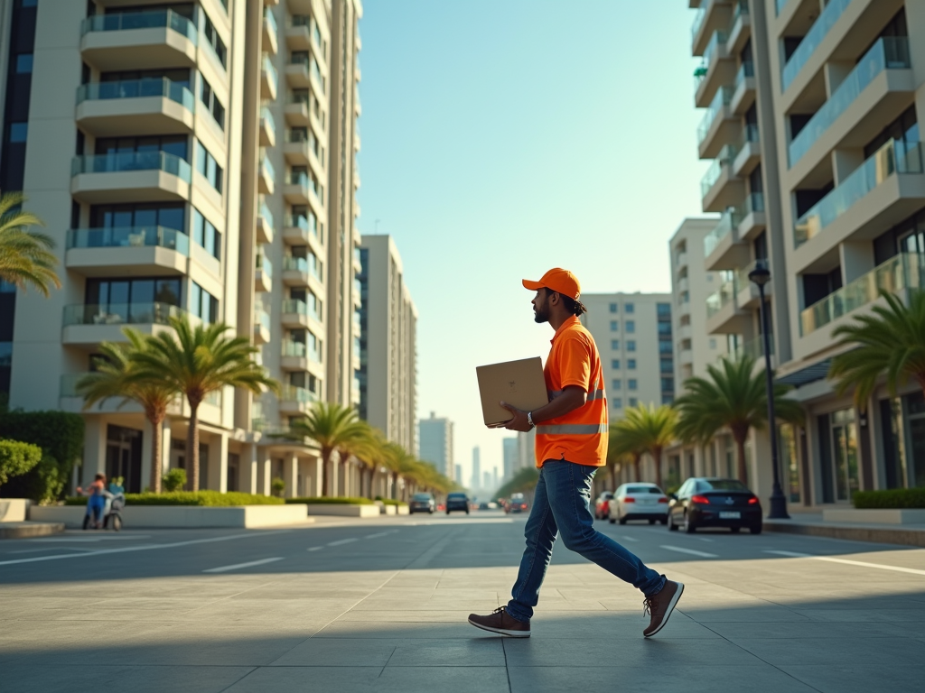 Delivery man in orange shirt and cap walking with a laptop in a sunny urban street.