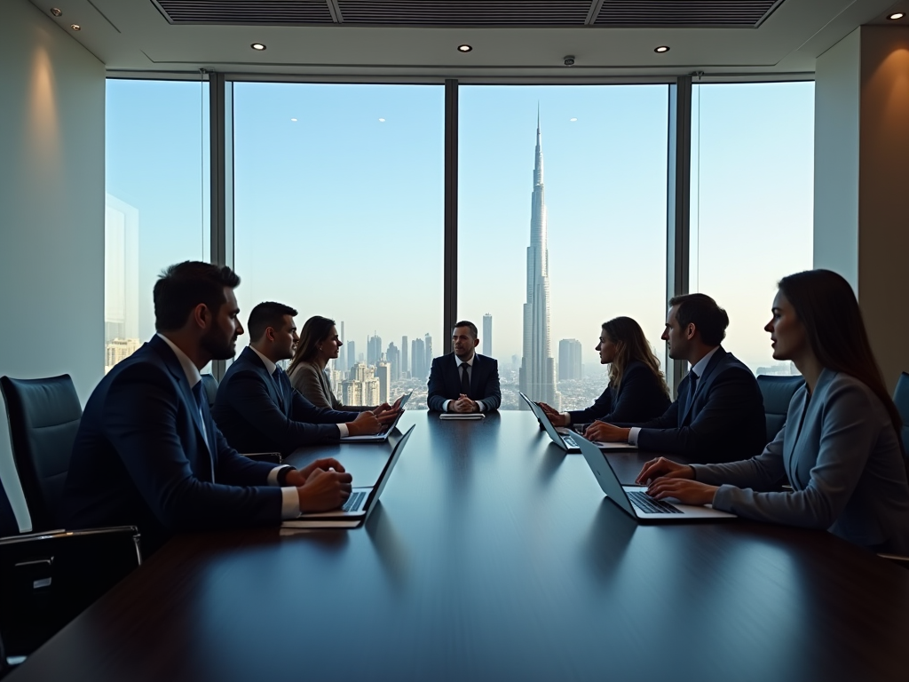 Business professionals in a meeting with a city skyline in the background.