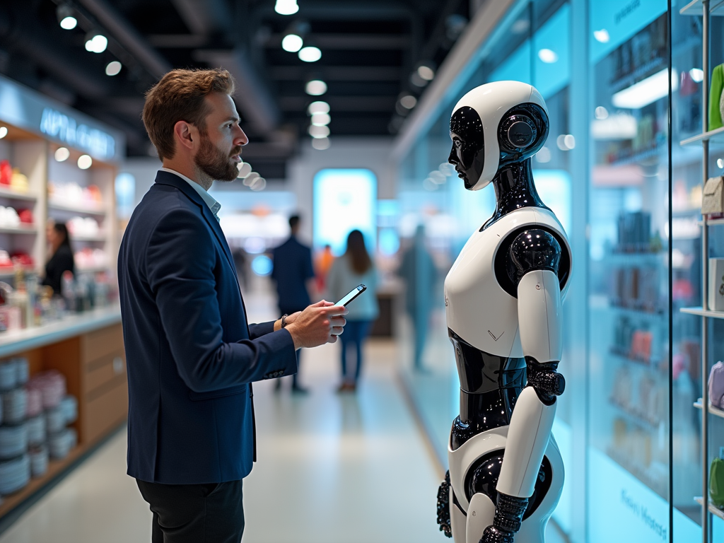 Man interacts with humanoid robot in a modern electronics store.