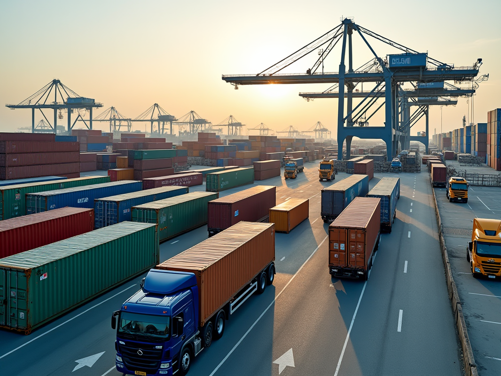 Sunset at a busy container port with trucks and cranes moving cargo.