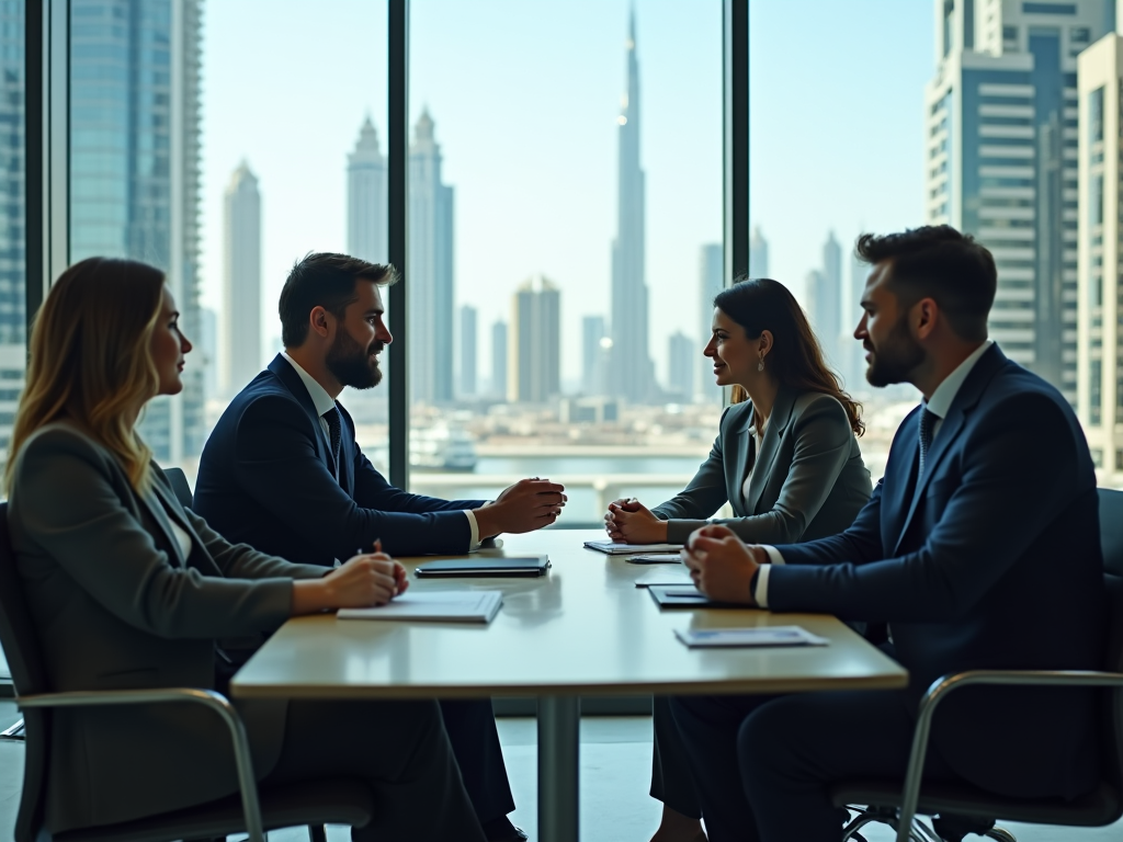 Four business professionals in a meeting with a city skyline view through large windows behind them.