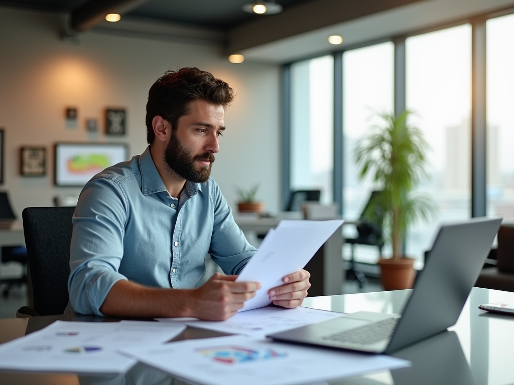 Man in casual blue shirt reviews documents at desk in modern office with laptop and charts.