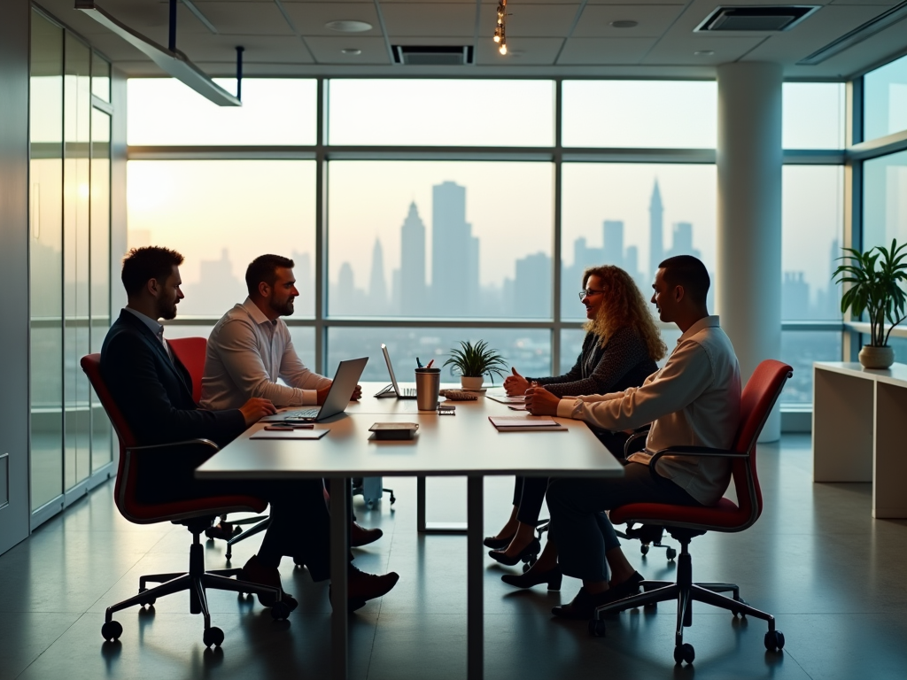 Four professionals in a modern office meeting room discussing, with city skyline in the background.