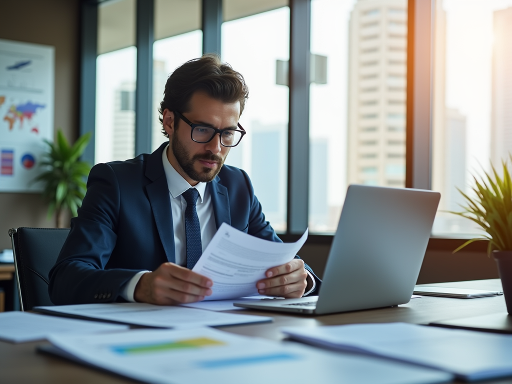 Businessman in suit analyzing documents at office desk with laptop.