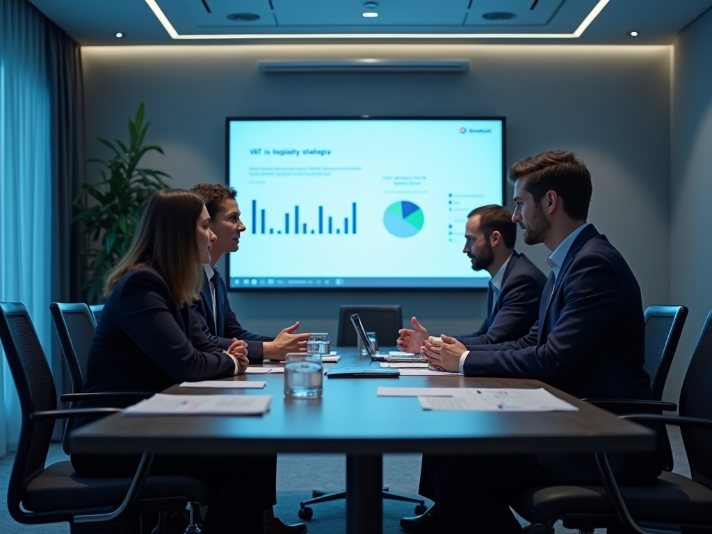 Four professionals discussing data charts in a modern meeting room.