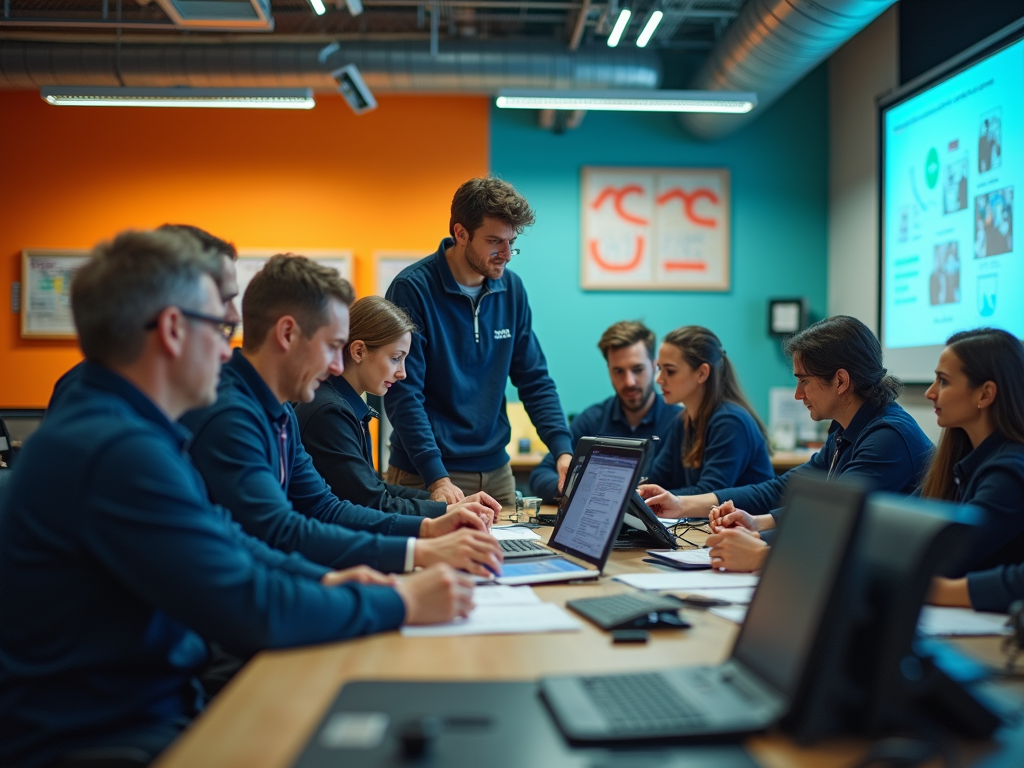 Group of professionals in a meeting with laptops, discussing over a presentation in an office with orange walls.