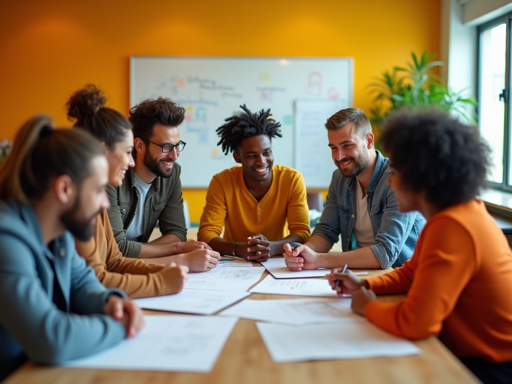 Diverse group of six smiling colleagues engaged in a discussion around a table in a vibrant office.