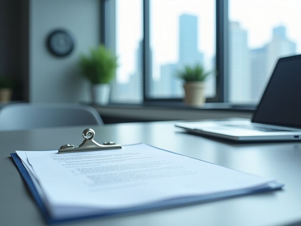 Office desk with clipboard on documents, laptop, and cityscape through window in background.