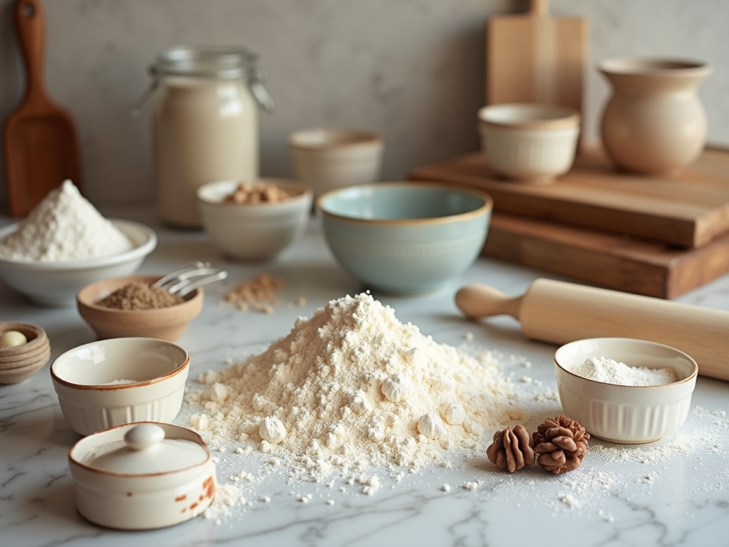 A variety of baking ingredients arranged on a marble countertop, including flour, spices, and bowls.