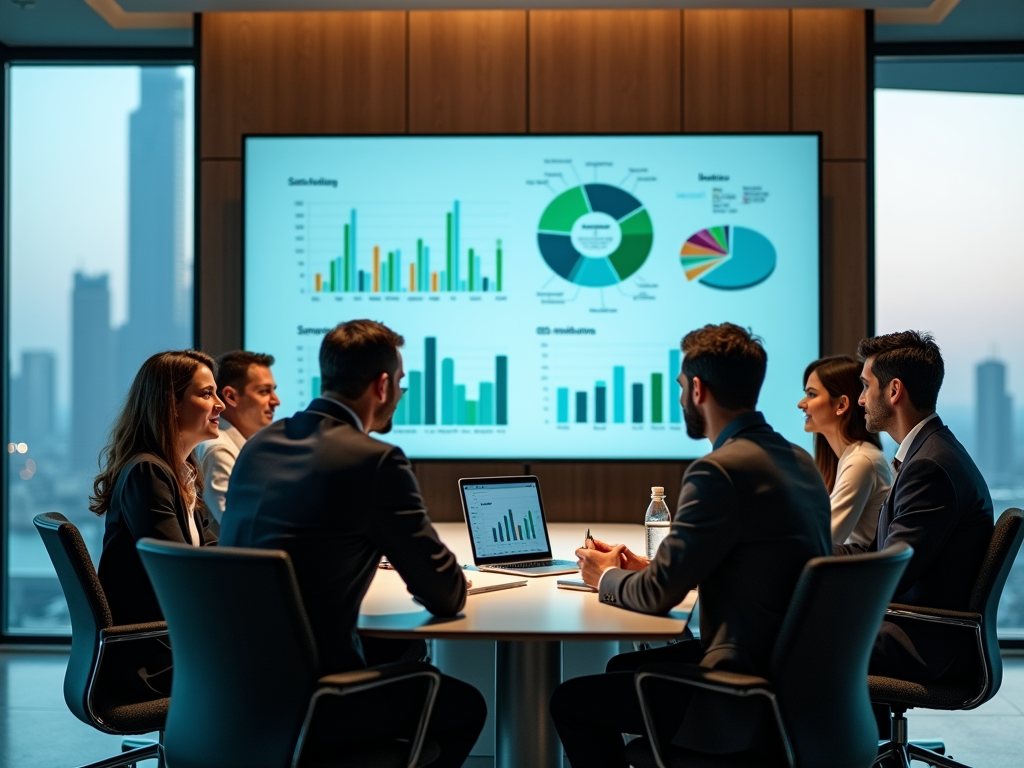 Professionals in a meeting discuss data shown on large screens, including graphs and charts.