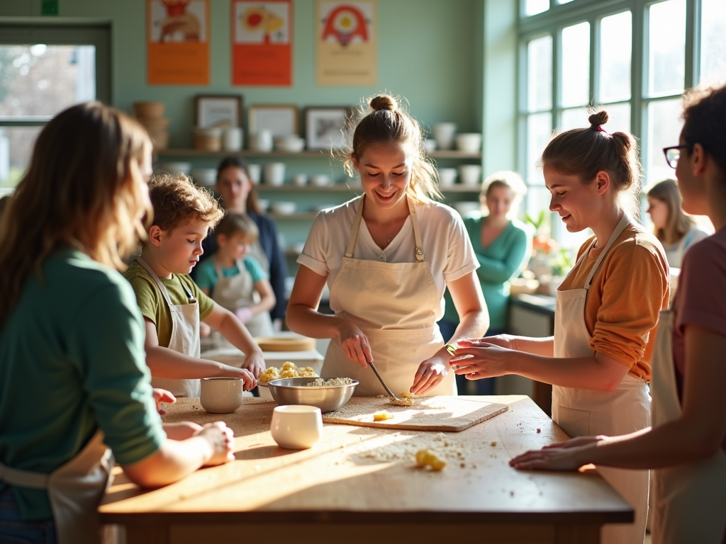 A group of children and adults in aprons enjoy a cooking class, focused on preparing food together.