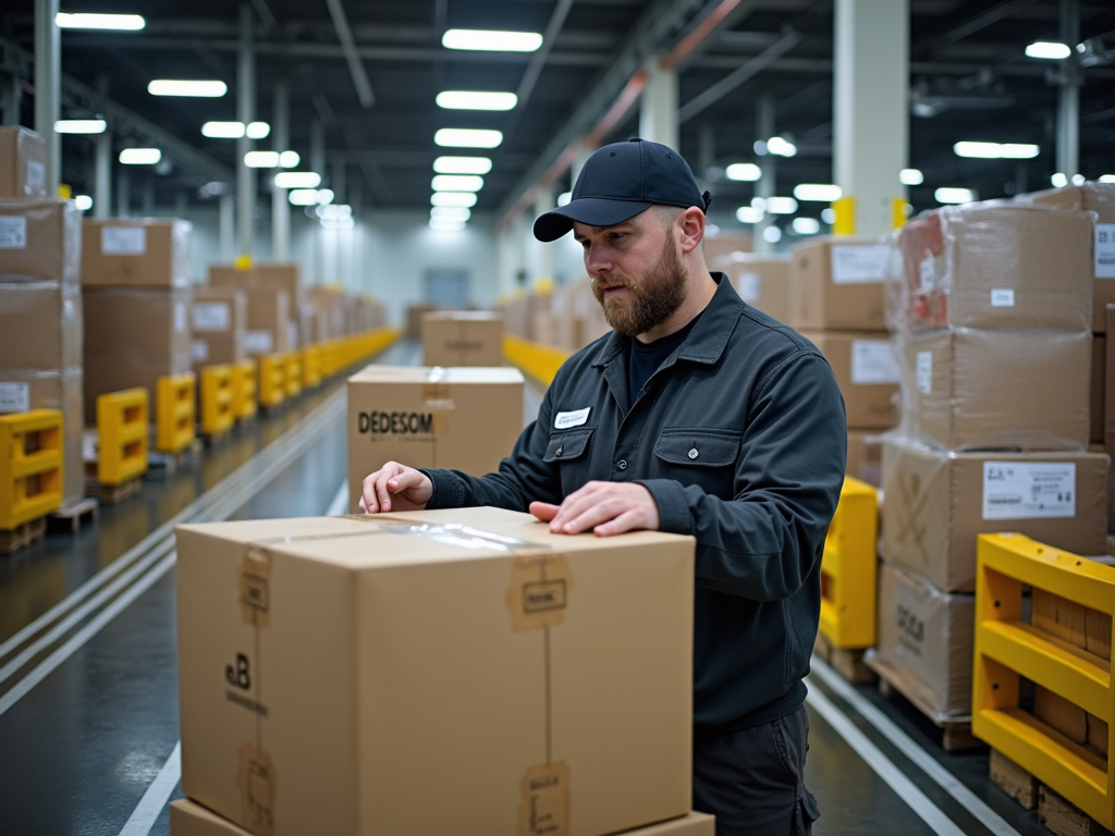 Man in warehouse inspecting a carton, with shelves of packages in the background.