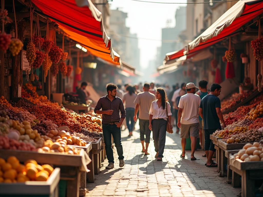 A bustling street market with people walking past stalls laden with vibrant fruits.