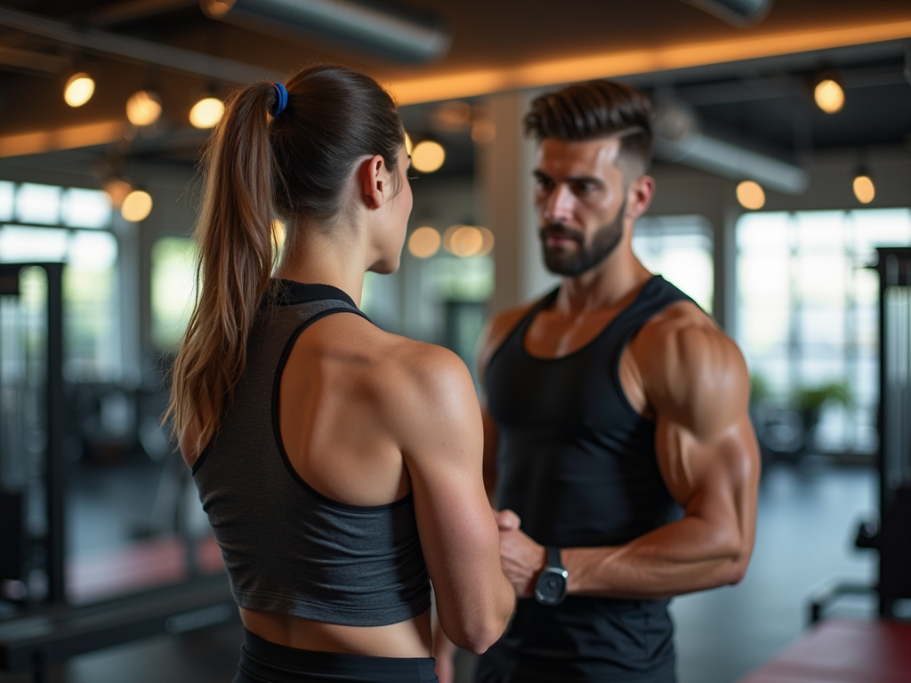 Two fit people in a gym, man and woman facing each other, man checking his watch.