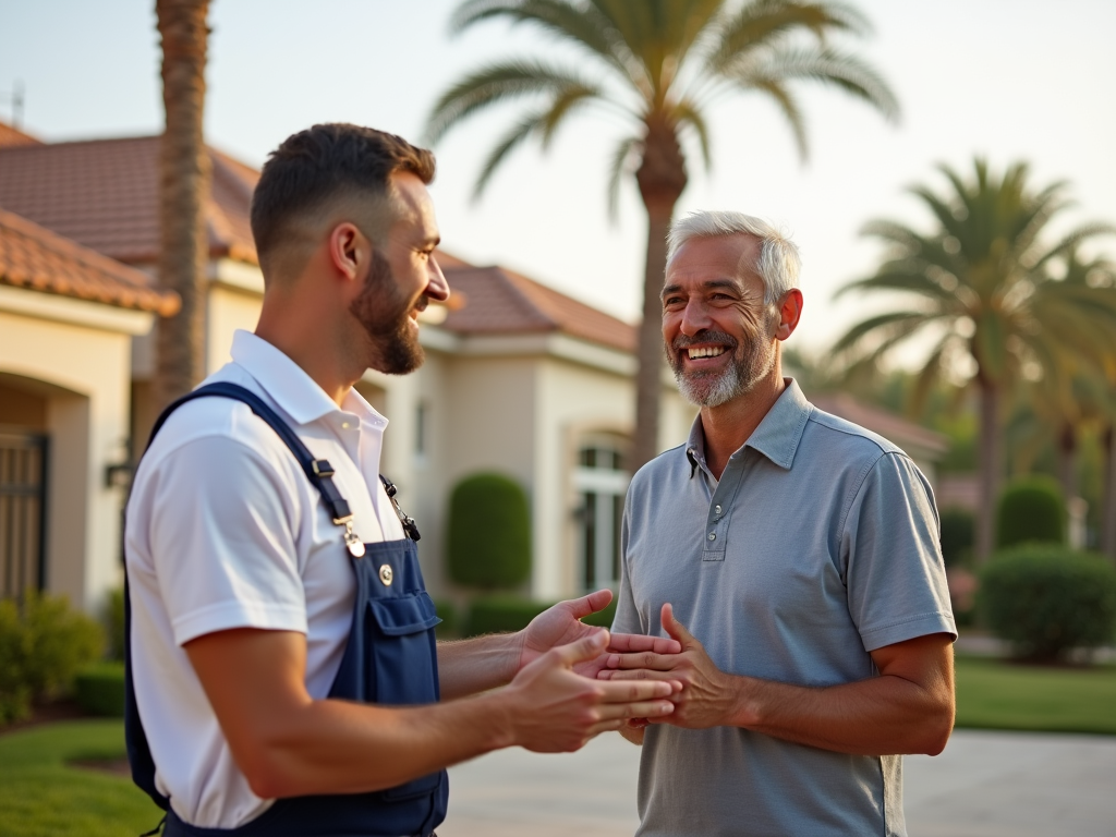 Two men are smiling and conversing outside a house, surrounded by palm trees and a well-kept garden.