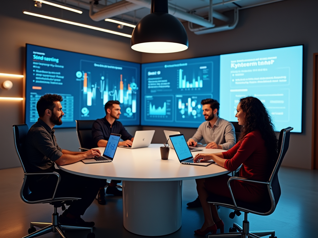 Four professionals at a round table with laptops in a modern office with data screens.