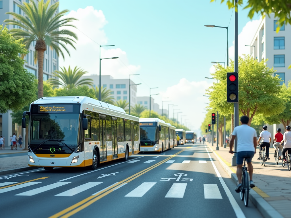 A busy street with buses stopped at a red light, cyclists passing by, and palm trees in a sunny urban setting.