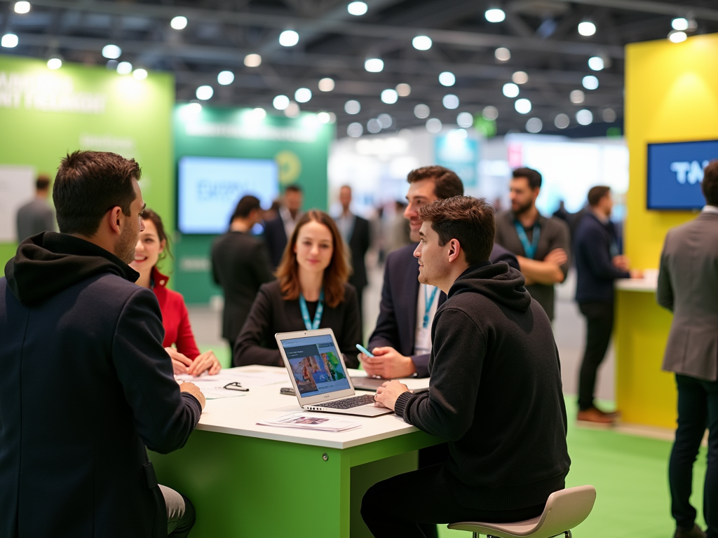 A group of professionals engaged in discussion at a conference booth with laptops and lively interactions in a bright venue.