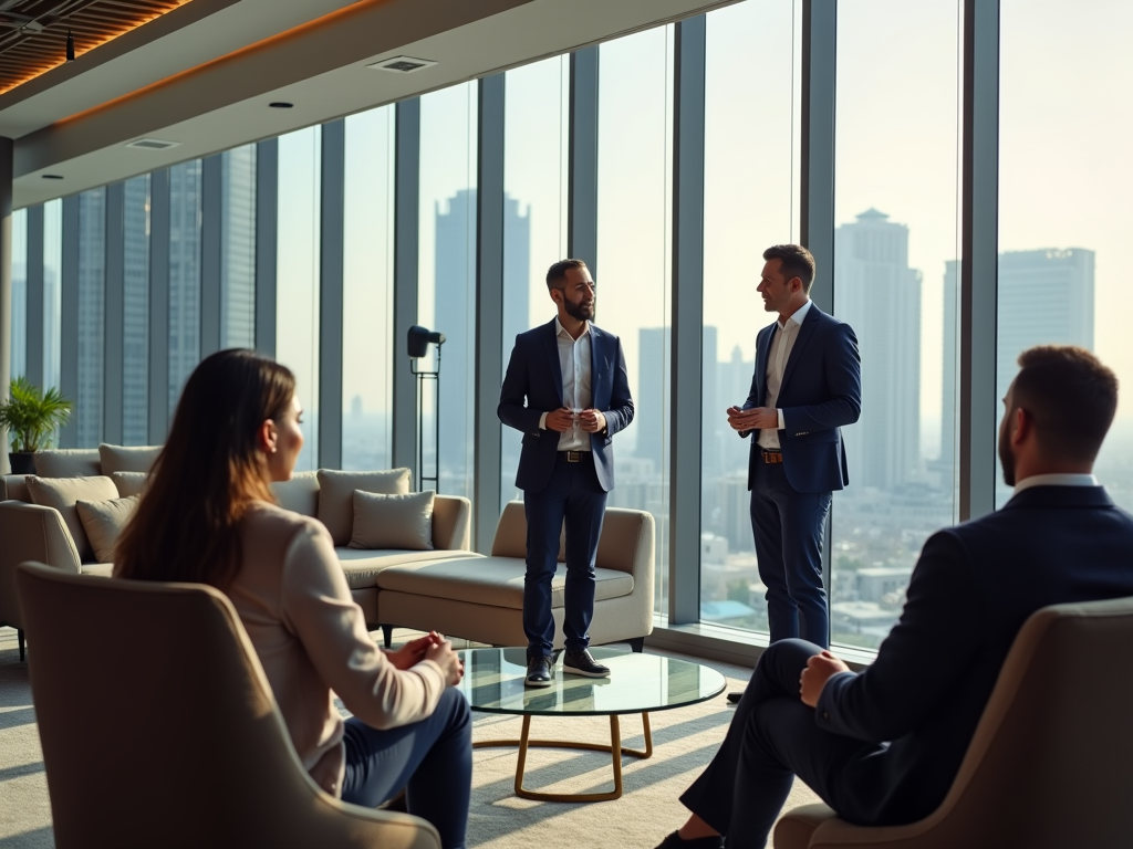 Businesspeople discussing in a modern office with large windows overlooking a cityscape.