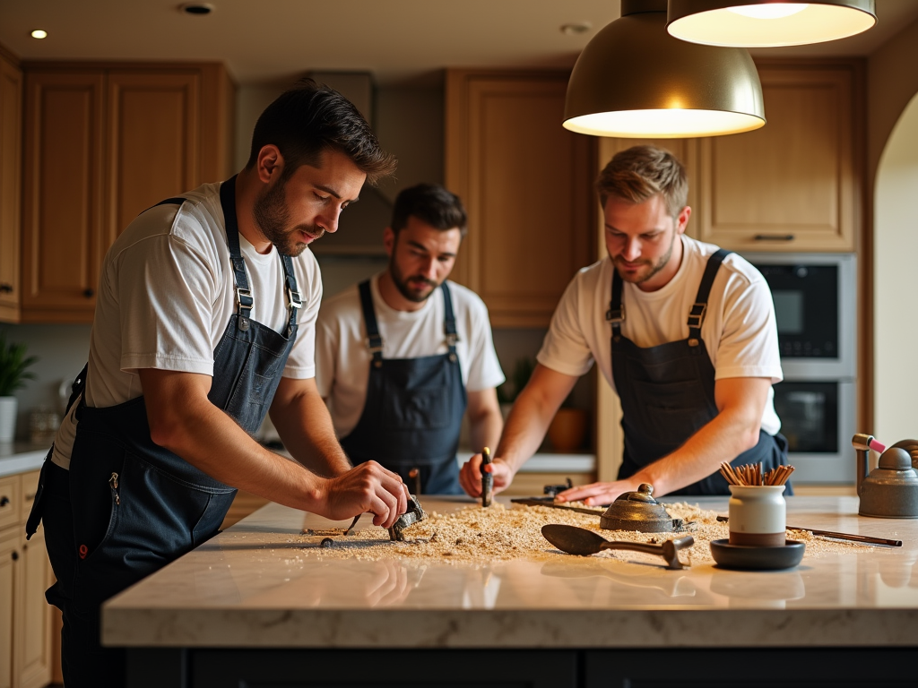 Three men in aprons working together in a kitchen, preparing food on a marble countertop covered with flour.