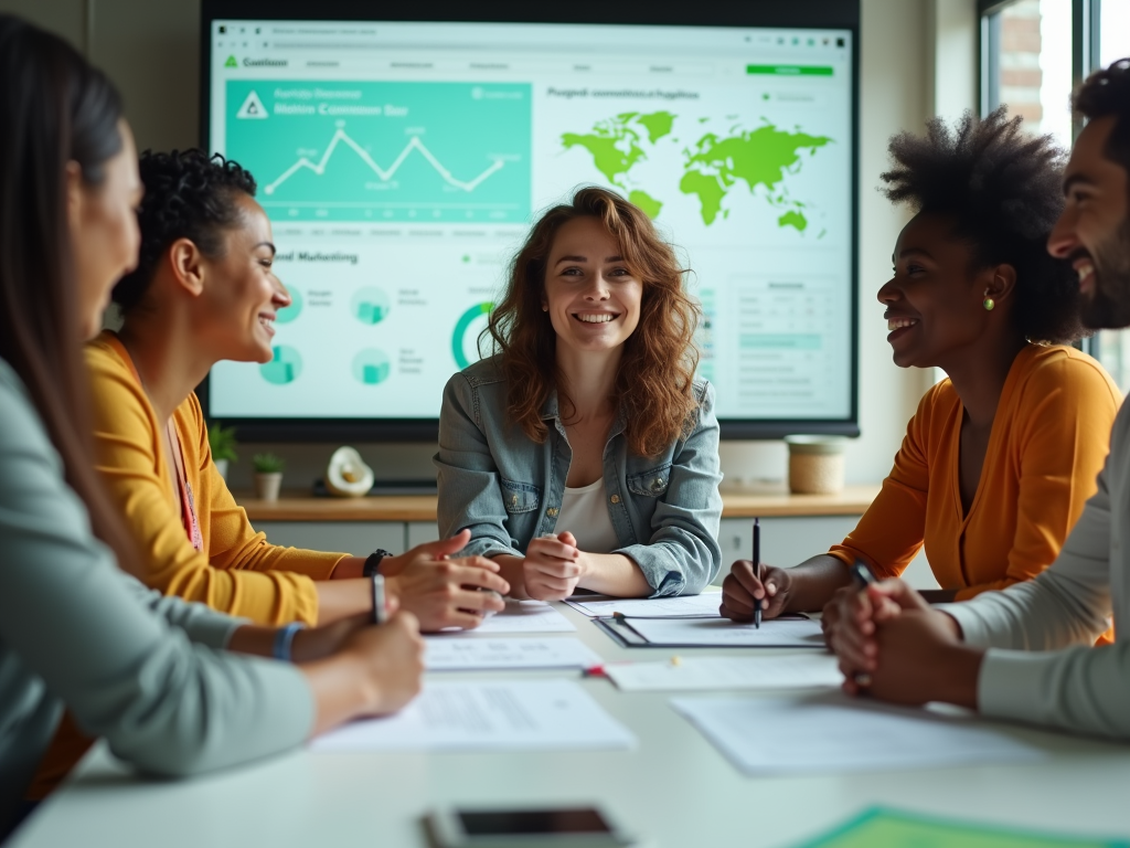 Diverse group of professionals smiling around a table with a digital screen showing graphs in the background.