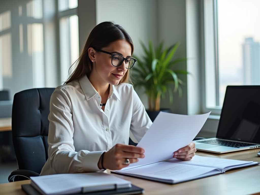 Woman in glasses reviewing documents at a modern office desk.