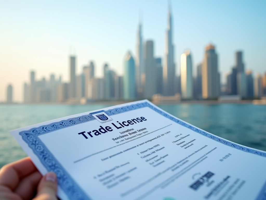 Hand holding a trade license with a blurred skyline of skyscrapers in the background.