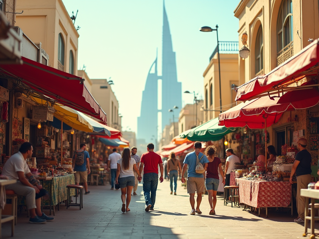 People walking through a vibrant street market with colorful stalls and a prominent skyscraper in the background.