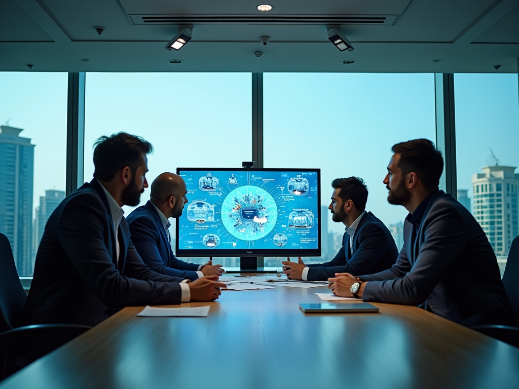 Four businessmen in a meeting room analyzing data on a digital screen, cityscape visible through large windows.