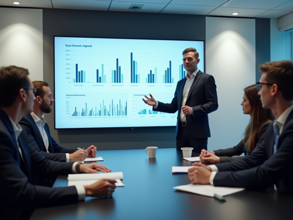 Man presenting business data on a screen to a group of four attentive colleagues in a modern meeting room.