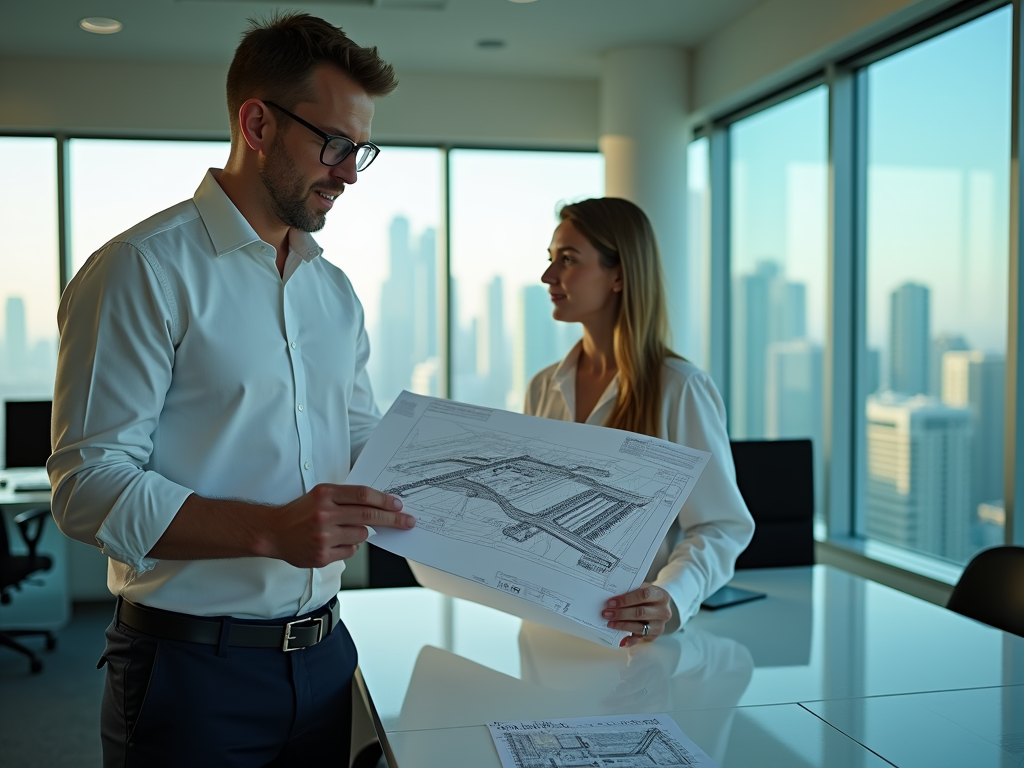 Two professionals discussing blueprints in a modern office with cityscape views.