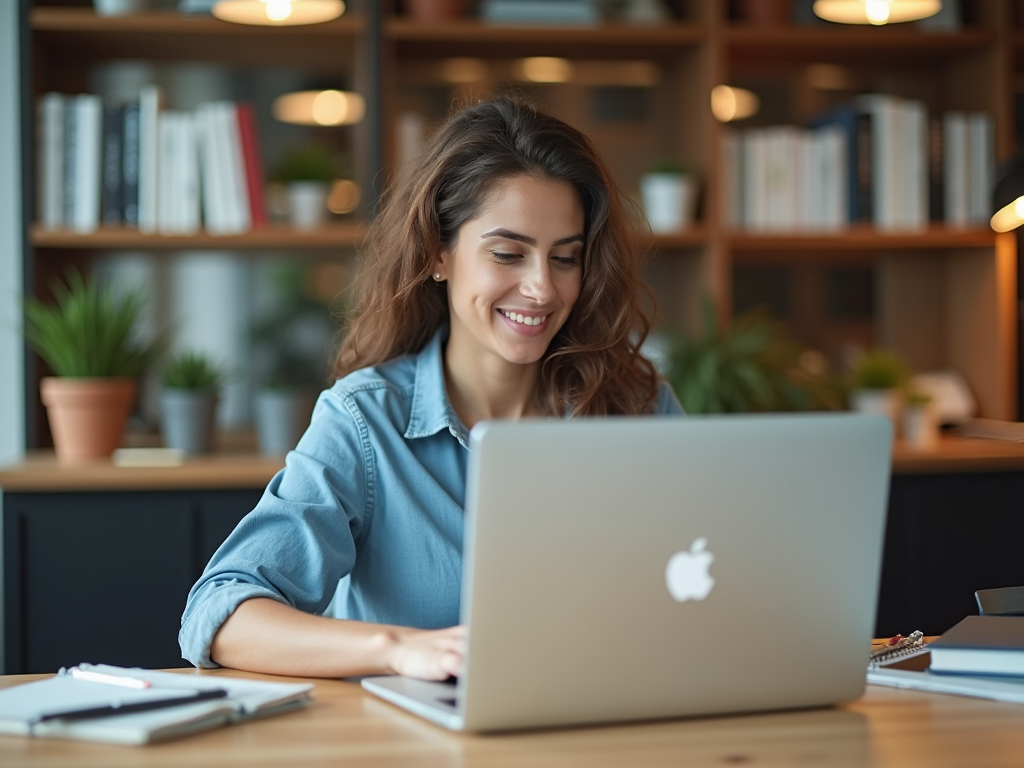 Smiling woman working on a laptop in a cozy office with books and plants.